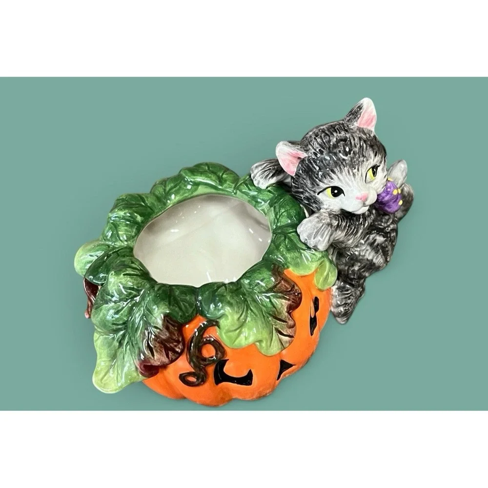Fitz & Floyd Essentials Candy Bowl Halloween Pumpkin Black Cat Jack-O-Lantern